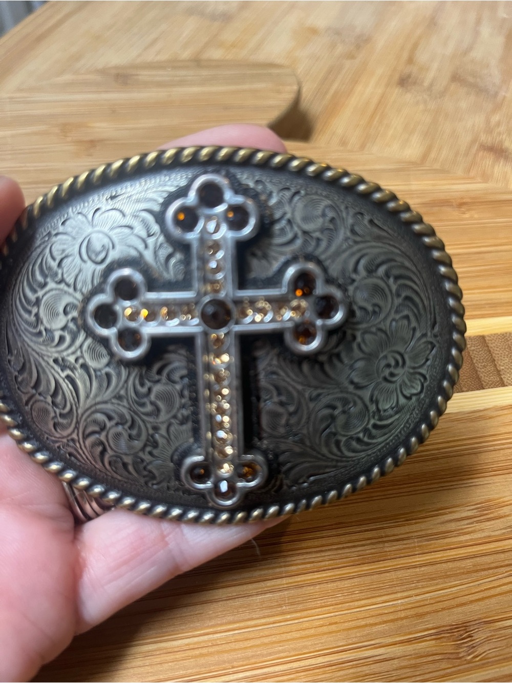 Vintage Woman's Silver Cross Belt Buckle with Amber & Ruby Rhinestones